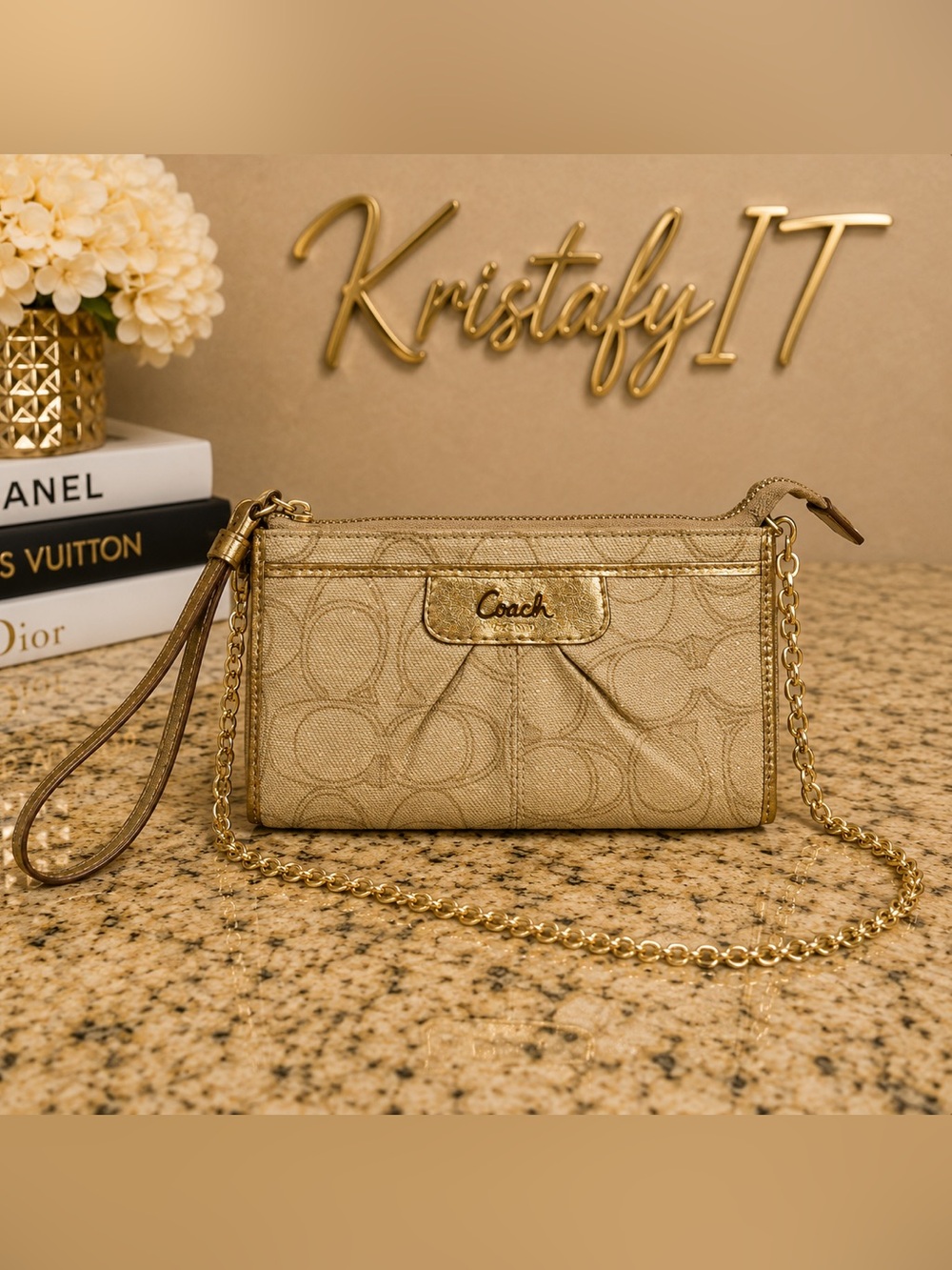Coach Signature Gold Lurex Crossbody Wristlet Clutch Chain Strap